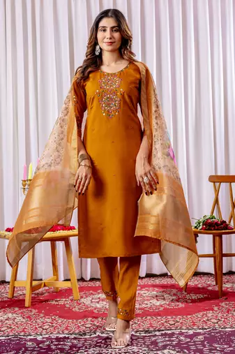 Mustard embroidered viscose silk kurta set with dupatta
