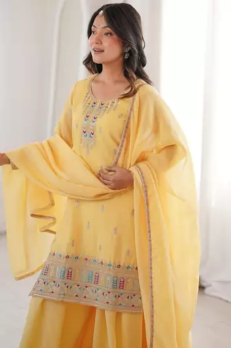 Yellow color thread zari sequince embroidered work crunchy silk blend anarkali set