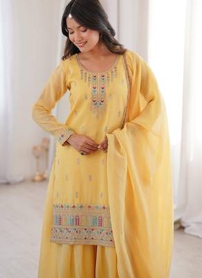 Yellow color thread zari sequince embroidered work crunchy silk blend anarkali set 3