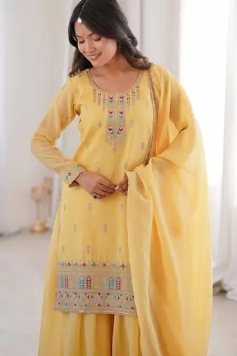 Yellow color thread zari sequince embroidered work crunchy silk blend anarkali set