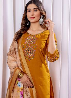 Mustard embroidered viscose silk kurta set with dupatta 3