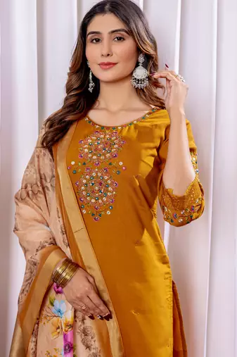 Mustard embroidered viscose silk kurta set with dupatta