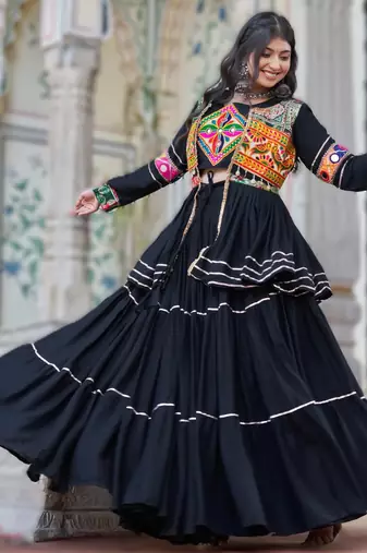 black cotton navratri lehenga choli with gamthi work