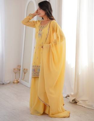 Yellow color thread zari sequince embroidered work crunchy silk blend anarkali set 4