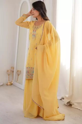 Yellow color thread zari sequince embroidered work crunchy silk blend anarkali set