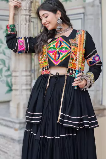 black cotton navratri lehenga choli with gamthi work