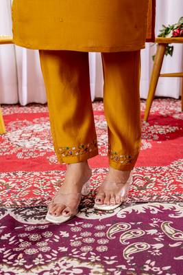 Mustard embroidered viscose silk kurta set with dupatta 4