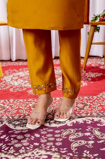 Mustard embroidered viscose silk kurta set with dupatta