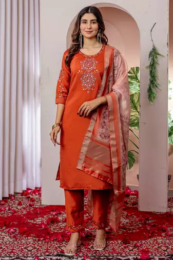 Orange embroidered viscose silk kurta set with dupatta