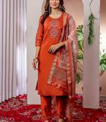 Orange embroidered viscose silk kurta set with dupatta