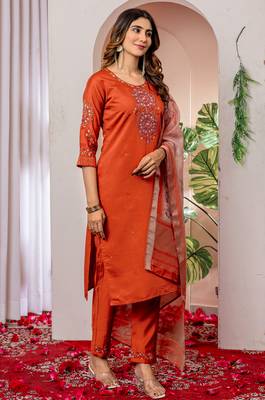 Orange embroidered viscose silk kurta set with dupatta 2