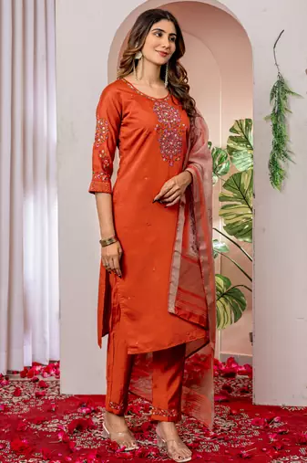 Orange embroidered viscose silk kurta set with dupatta