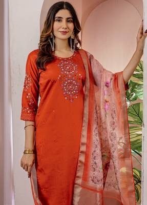 Orange embroidered viscose silk kurta set with dupatta 3