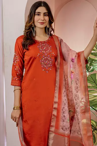 Orange embroidered viscose silk kurta set with dupatta