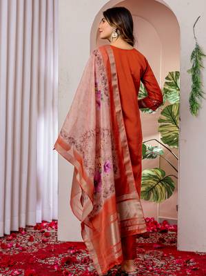 Orange embroidered viscose silk kurta set with dupatta 4