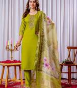 Parrot green embroidered viscose silk kurta set with dupatta