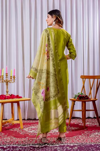 Parrot green embroidered viscose silk kurta set with dupatta