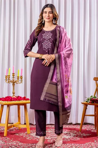 Wine embroidered viscose silk kurta set with dupatta