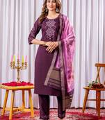 Wine embroidered viscose silk kurta set with dupatta
