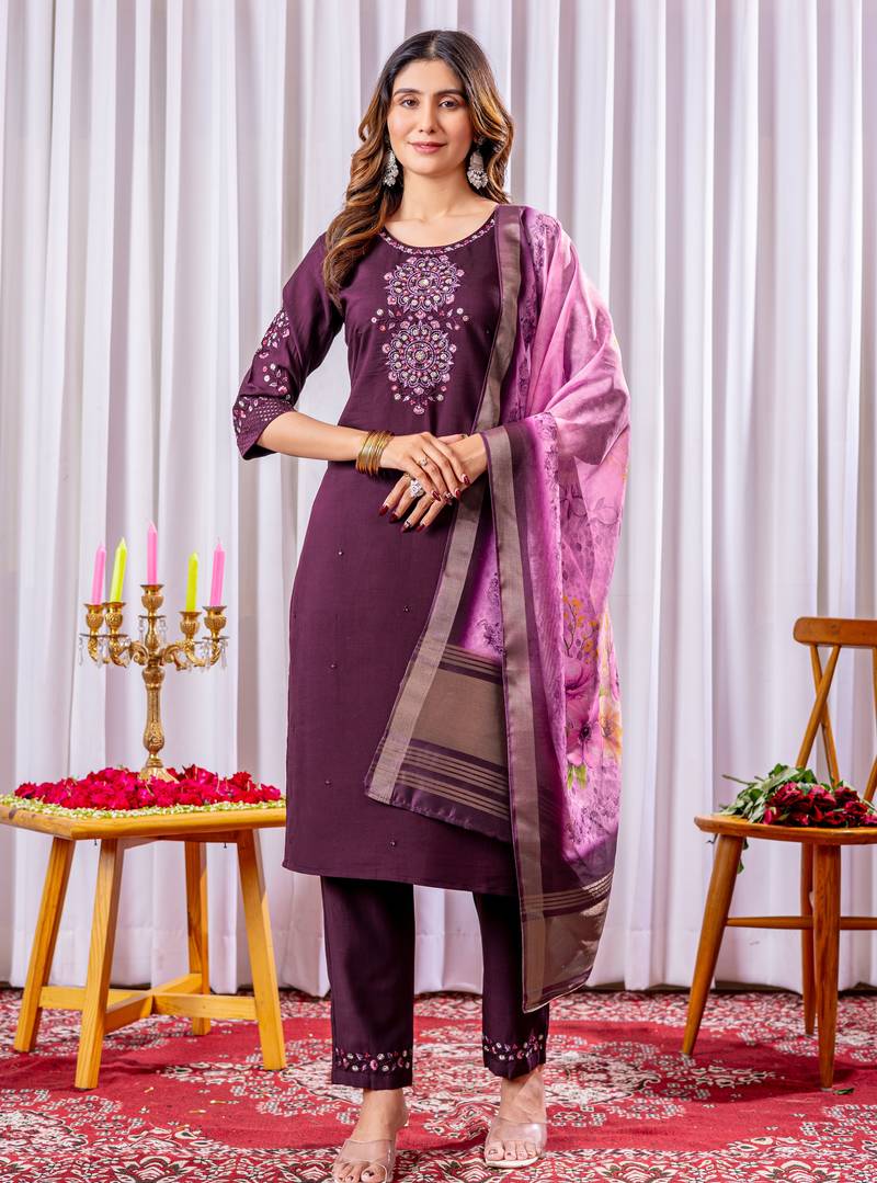 Wine embroidered viscose silk kurta set with dupatta