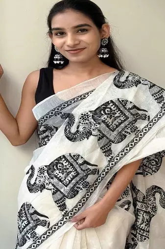 Women's handloom linen cotton with elephant digital printed saree
