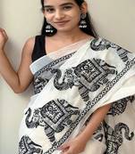 Women's handloom linen cotton with elephant digital printed saree