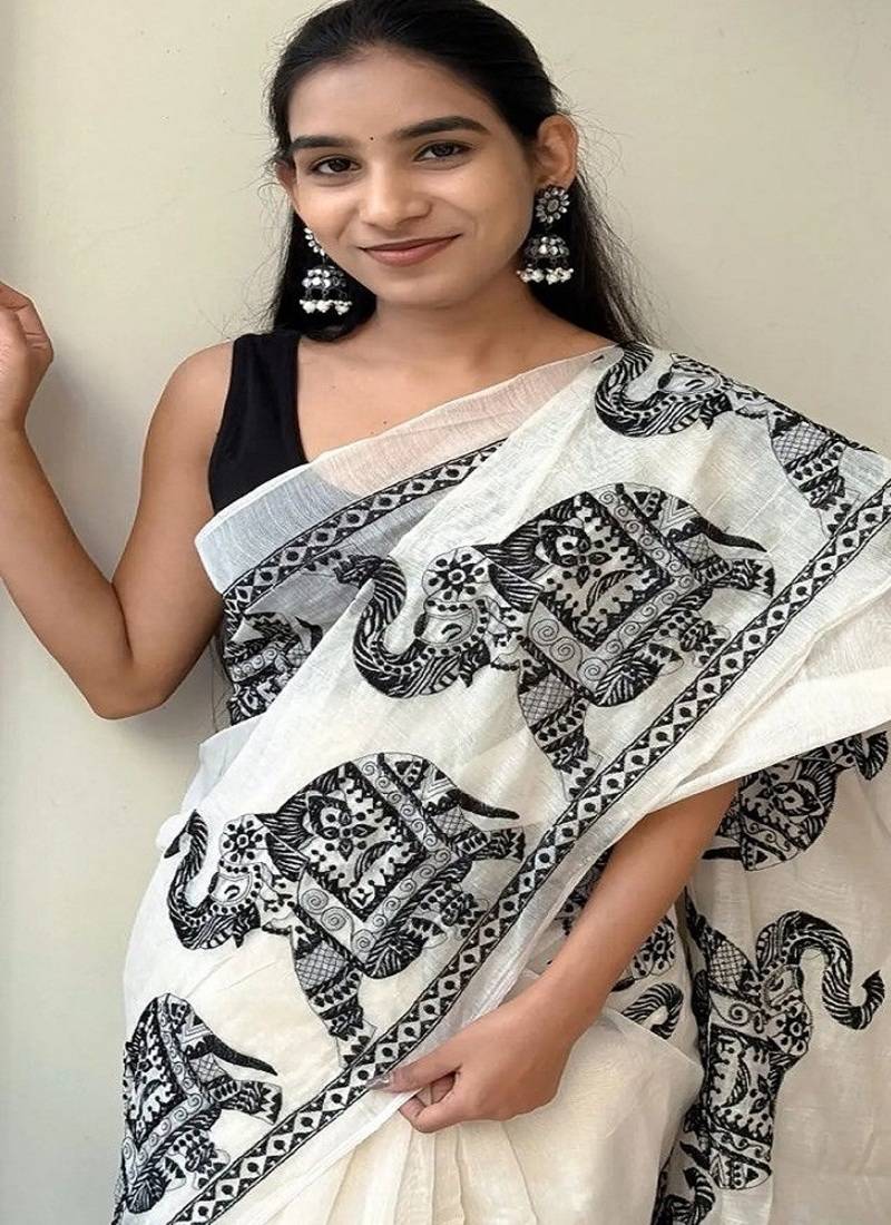 Women's handloom linen cotton with elephant digital printed saree