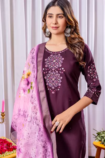 Wine embroidered viscose silk kurta set with dupatta