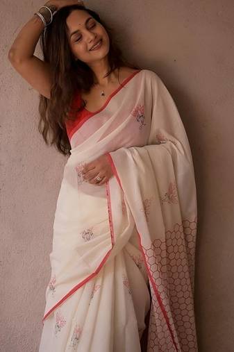 Women's white linen cotton digital print saree