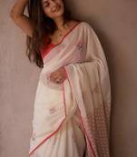 Women's white linen cotton digital print saree