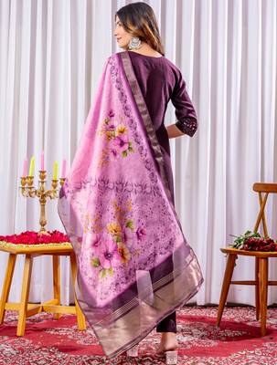 Wine embroidered viscose silk kurta set with dupatta 4