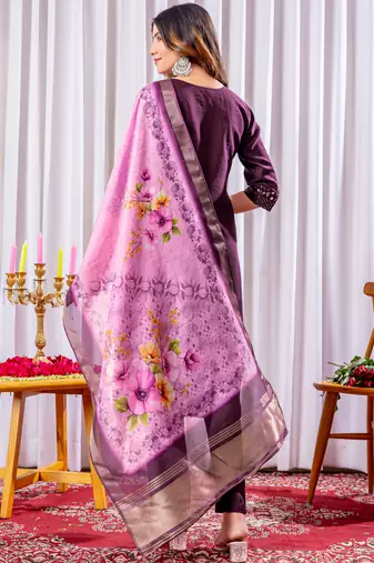 Wine embroidered viscose silk kurta set with dupatta