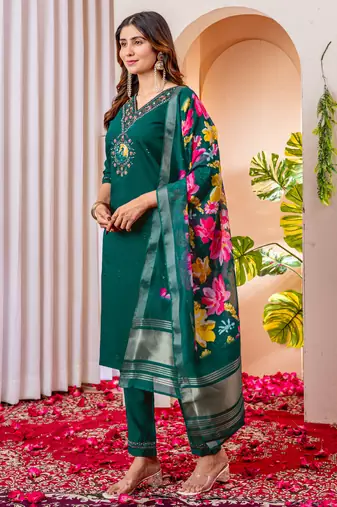 Teal embroidered marina viscose silk kurta set with dupatta