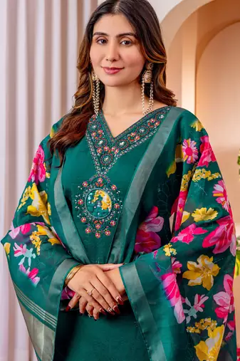Teal embroidered marina viscose silk kurta set with dupatta
