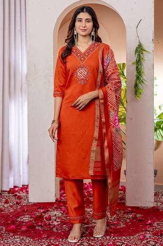 Orange embroidered marina viscose silk kurta set with dupatta