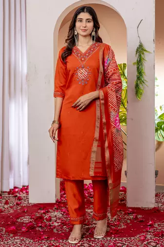Orange embroidered marina viscose silk kurta set with dupatta