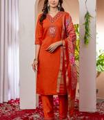 Orange embroidered marina viscose silk kurta set with dupatta