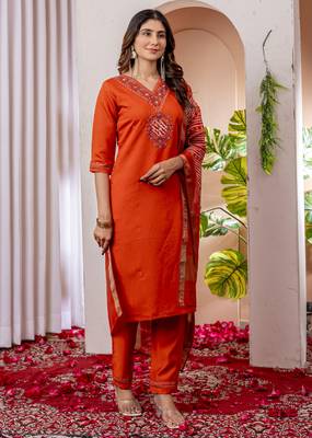 Orange embroidered marina viscose silk kurta set with dupatta 2