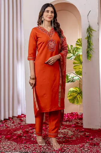 Orange embroidered marina viscose silk kurta set with dupatta