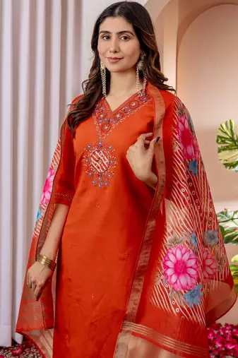 Orange embroidered marina viscose silk kurta set with dupatta