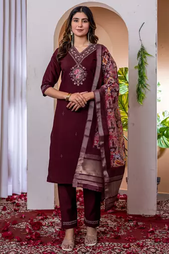 Wine embroidered marina viscose silk kurta set with dupatta