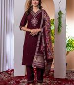 Wine embroidered marina viscose silk kurta set with dupatta
