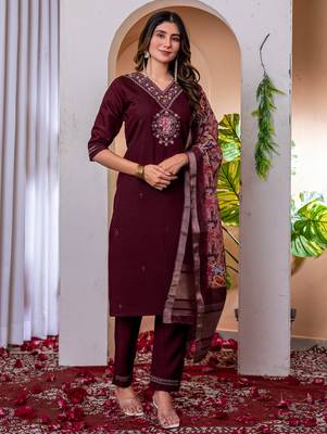 Wine embroidered marina viscose silk kurta set with dupatta 2