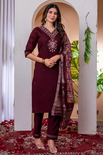 Wine embroidered marina viscose silk kurta set with dupatta