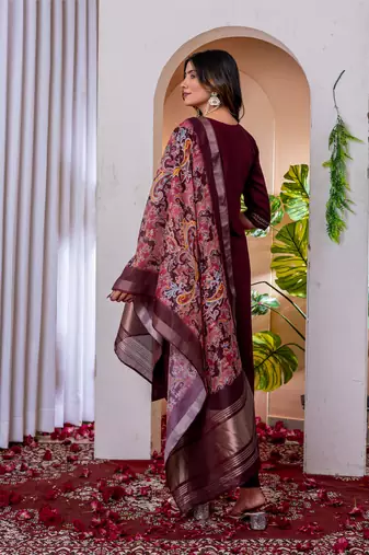 Wine embroidered marina viscose silk kurta set with dupatta