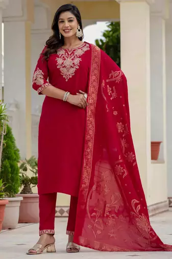 Maroon embroidered roman silk kurta set with dupatta