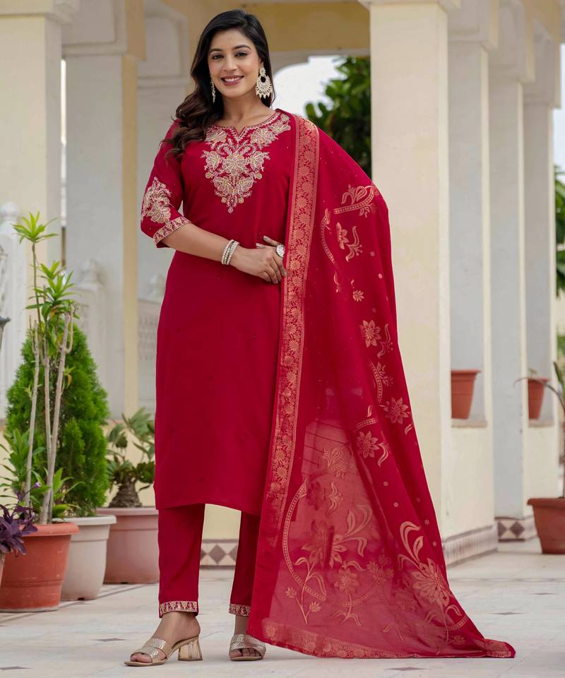 Maroon embroidered roman silk kurta set with dupatta