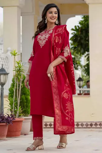 Maroon embroidered roman silk kurta set with dupatta
