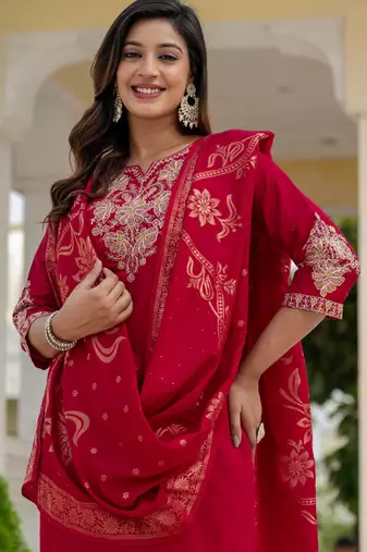 Maroon embroidered roman silk kurta set with dupatta