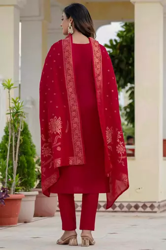 Maroon embroidered roman silk kurta set with dupatta